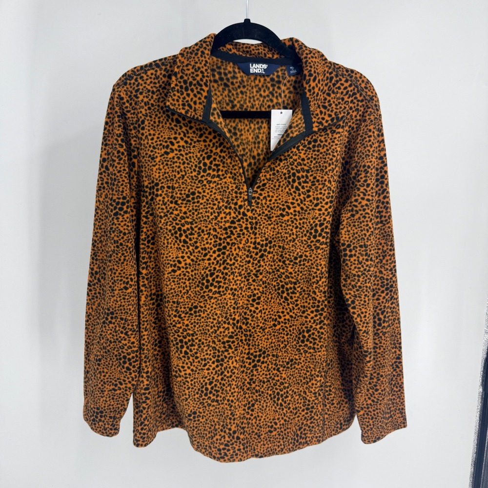 Lands End Womens XL Leopard Print Fleece Quarter Zip Pullover Orange Black